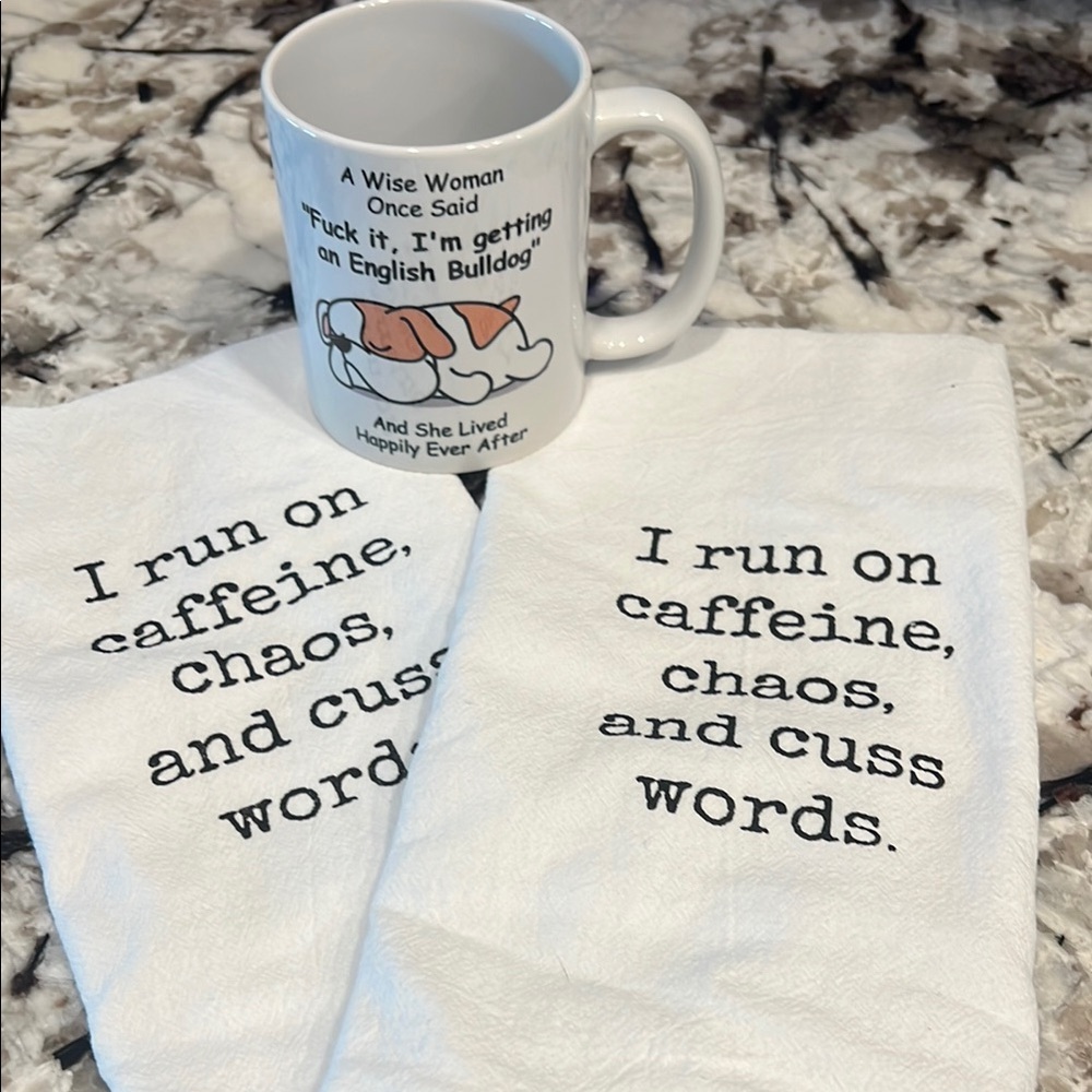Humorous “Caffeine and Chaos Tea Towel Set
